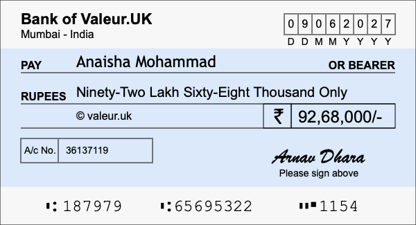 How to write a cheque for 92.68 lakh rupees