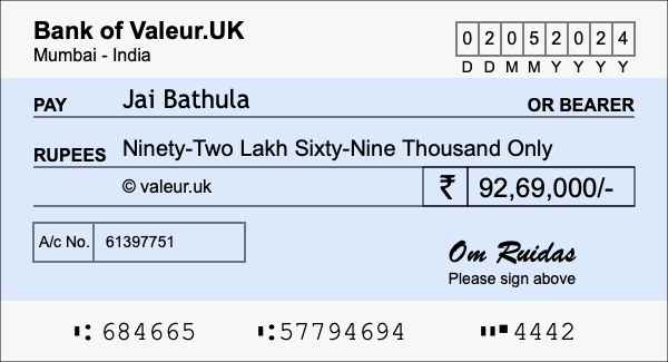 How to write a cheque for 92.69 lakh rupees