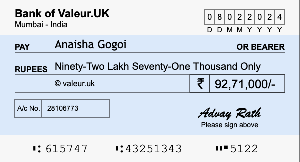 How to write a cheque for 92.71 lakh rupees
