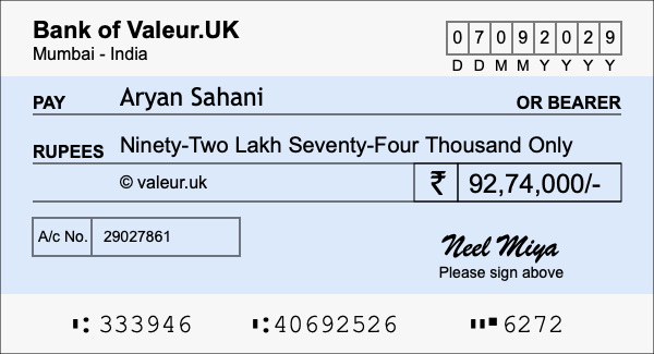 How to write a cheque for 92.74 lakh rupees