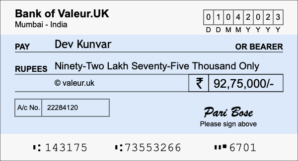 How to write a cheque for 92.75 lakh rupees