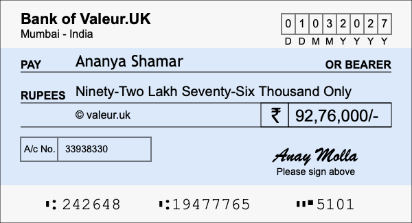 How to write a cheque for 92.76 lakh rupees