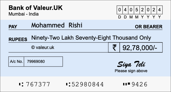 How to write a cheque for 92.78 lakh rupees How to write a cheque for 92.78 lakh rupees