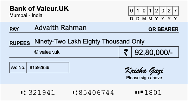 How to write a cheque for 92.8 lakh rupees