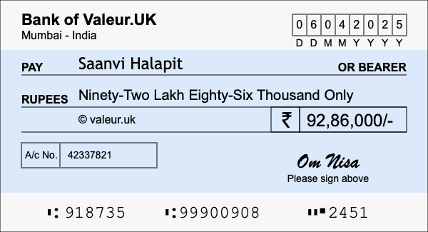How to write a cheque for 92.86 lakh rupees