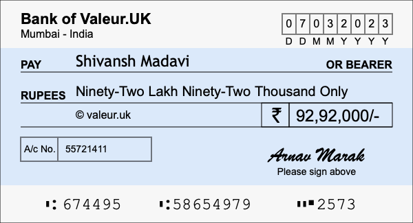 How to write a cheque for 92.92 lakh rupees