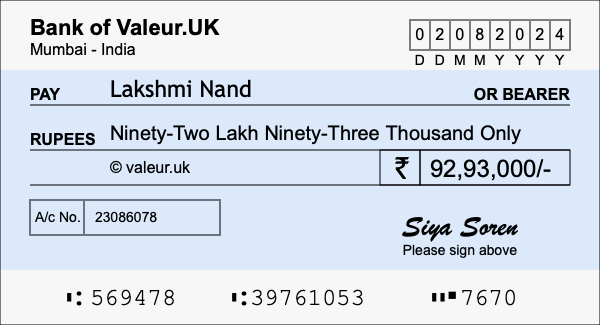 How to write a cheque for 92.93 lakh rupees