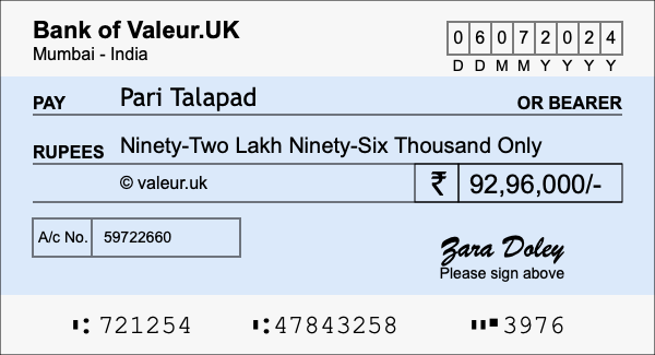 How to write a cheque for 92.96 lakh rupees