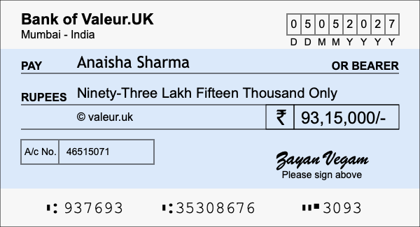 How to write a cheque for 93.15 lakh rupees