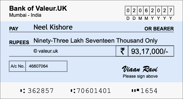 How to write a cheque for 93.17 lakh rupees How to write a cheque for 93.17 lakh rupees