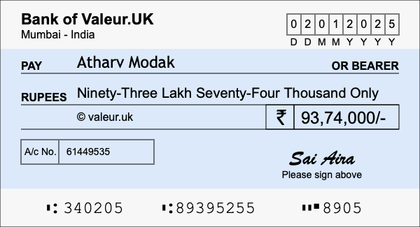 How to write a cheque for 93.74 lakh rupees