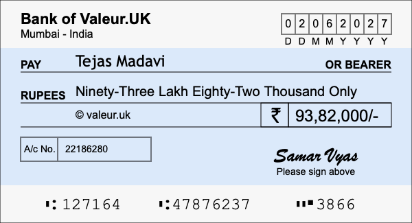 How to write a cheque for 93.82 lakh rupees