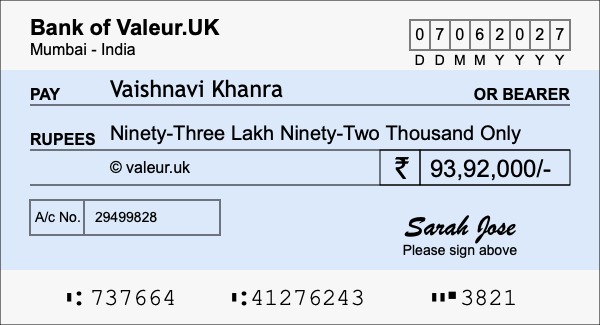 How to write a cheque for 93.92 lakh rupees