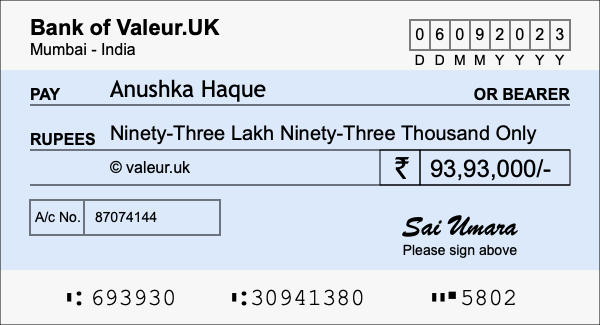 How to write a cheque for 93.93 lakh rupees