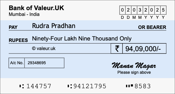 How to write a cheque for 94.09 lakh rupees