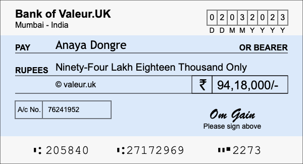 How to write a cheque for 94.18 lakh rupees How to write a cheque for 94.18 lakh rupees