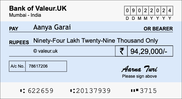 How to write a cheque for 94.29 lakh rupees