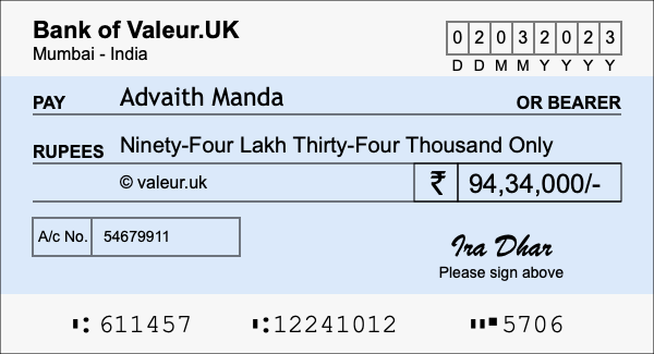 How to write a cheque for 94.34 lakh rupees