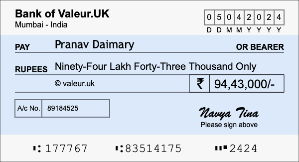 How to write a cheque for 94.43 lakh rupees