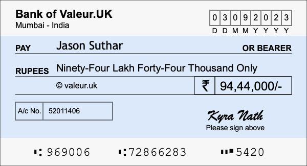 How to write a cheque for 94.44 lakh rupees