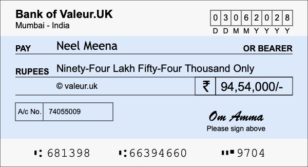 How to write a cheque for 94.54 lakh rupees