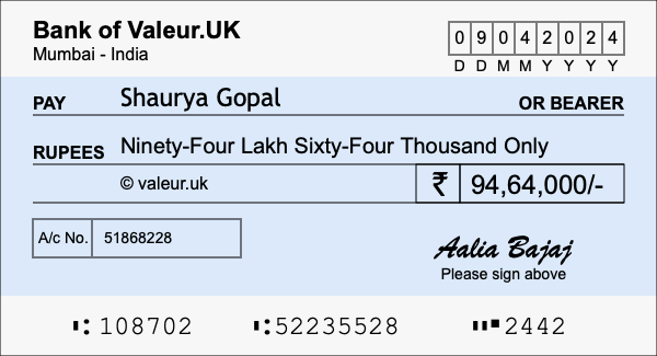How to write a cheque for 94.64 lakh rupees