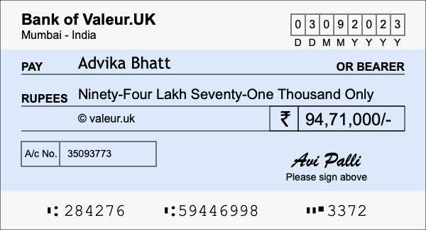 How to write a cheque for 94.71 lakh rupees