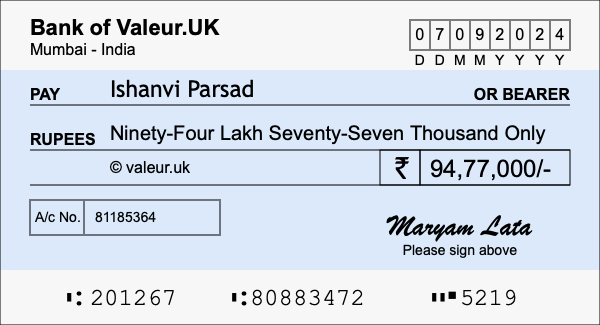 How to write a cheque for 94.77 lakh rupees