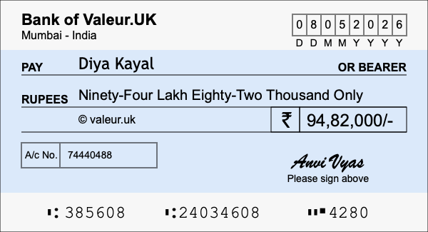 How to write a cheque for 94.82 lakh rupees