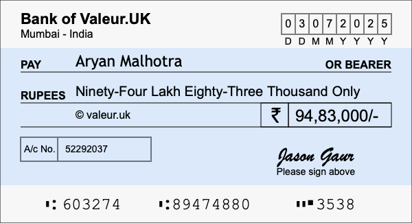How to write a cheque for 94.83 lakh rupees