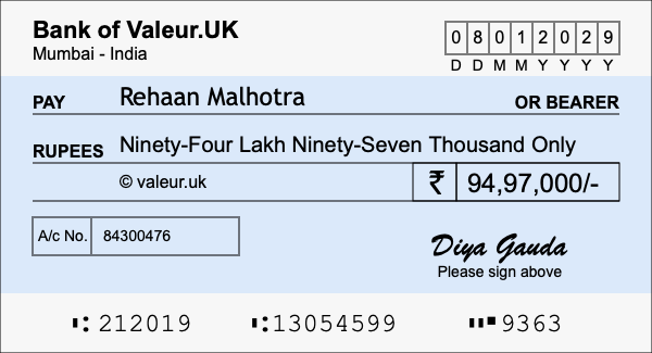 How to write a cheque for 94.97 lakh rupees How to write a cheque for 94.97 lakh rupees