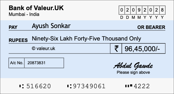 How to write a cheque for 96.45 lakh rupees How to write a cheque for 96.45 lakh rupees