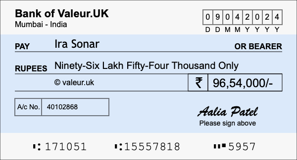 How to write a cheque for 96.54 lakh rupees