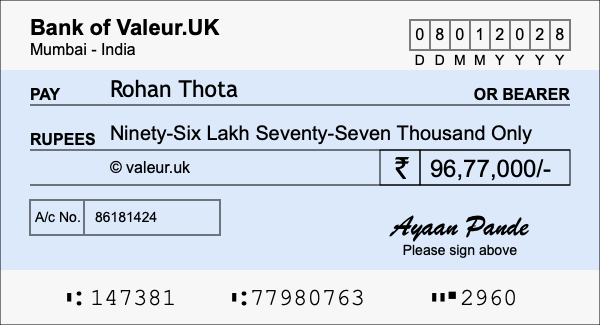 How to write a cheque for 96.77 lakh rupees