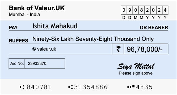 How to write a cheque for 96.78 lakh rupees