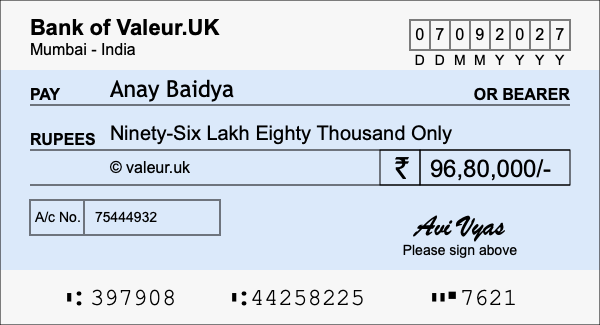 How to write a cheque for 96.8 lakh rupees
