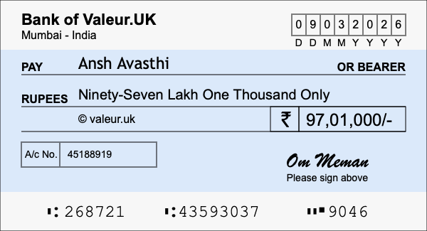 How to write a cheque for 97.01 lakh rupees How to write a cheque for 97.01 lakh rupees