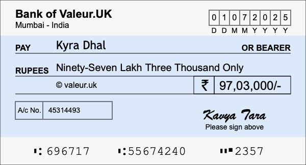 How to write a cheque for 97.03 lakh rupees