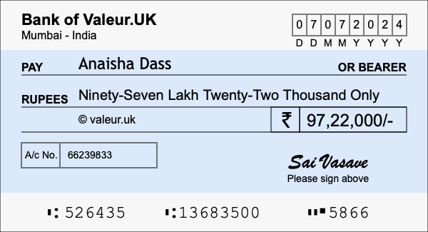 How to write a cheque for 97.22 lakh rupees How to write a cheque for 97.22 lakh rupees