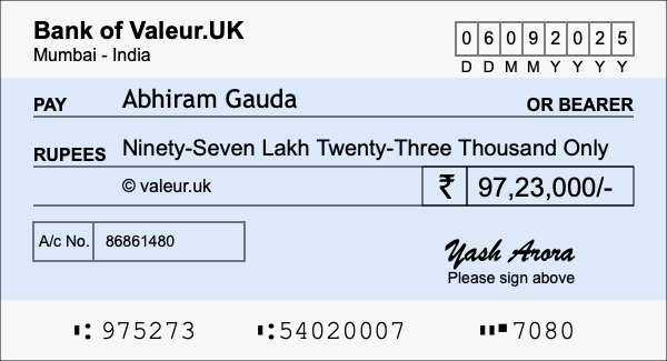 How to write a cheque for 97.23 lakh rupees