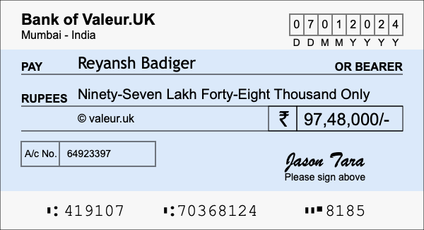 How to write a cheque for 97.48 lakh rupees