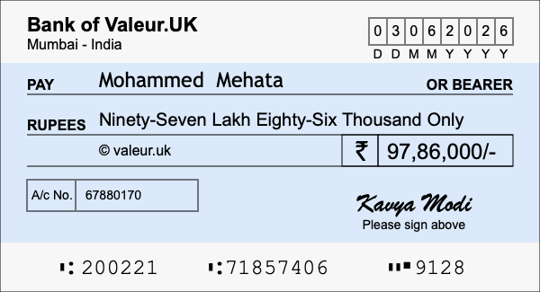 How to write a cheque for 97.86 lakh rupees
