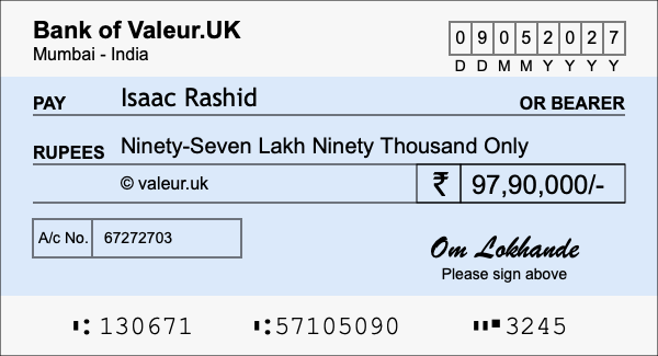 How to write a cheque for 97.9 lakh rupees