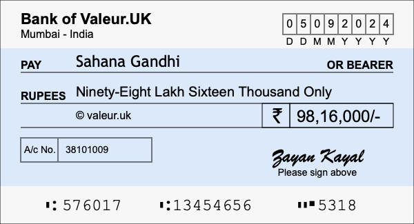 How to write a cheque for 98.16 lakh rupees
