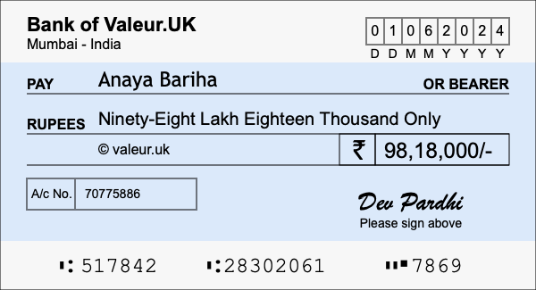 How to write a cheque for 98.18 lakh rupees How to write a cheque for 98.18 lakh rupees