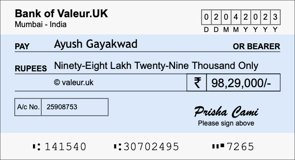 How to write a cheque for 98.29 lakh rupees
