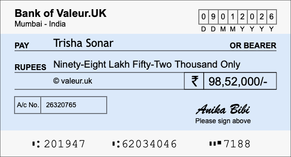 How to write a cheque for 98.52 lakh rupees