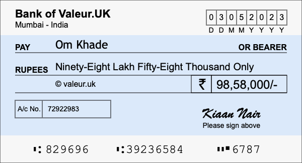 How to write a cheque for 98.58 lakh rupees