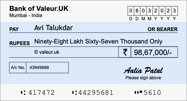 How to write a cheque for 98.67 lakh rupees