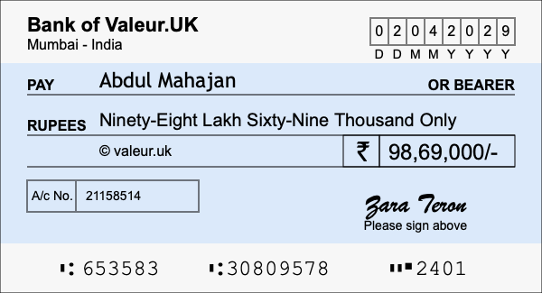 How to write a cheque for 98.69 lakh rupees How to write a cheque for 98.69 lakh rupees